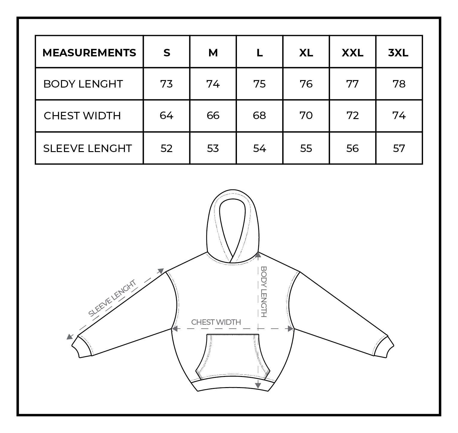 Größentabelle Hoodie / Pullover